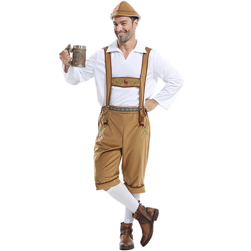 Herren Trachtenkostüm Set Lederhose Hemd Hut mit Feder