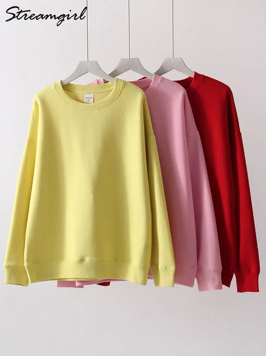 Sudadera unisex de manga larga con cuello redondo, color liso y corte oversize