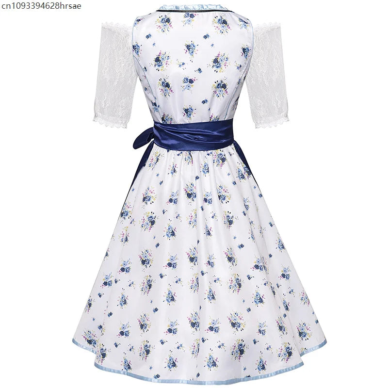 Dirndl til dame, tradisjonelt blomstermønster, blått og hvittketøy