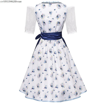 Dirndl til dame, tradisjonelt blomstermønster, blått og hvittketøy