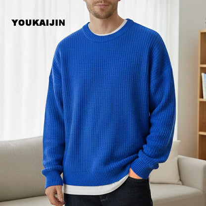 Pullover da uomo in maglia, girocollo, maglia grossa, tinta unita