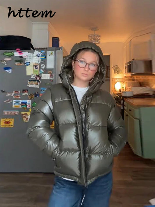 Doudoune doublée brillante pour femme avec capuche, verte