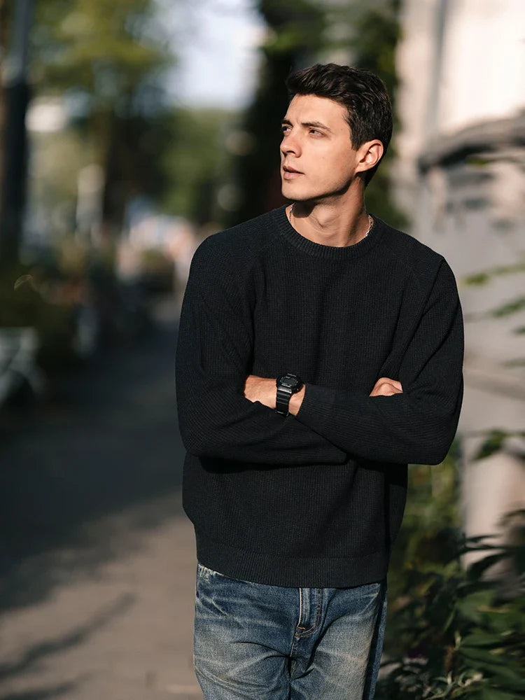 Herren Pullover Rippstrick Blau Rundhalsausschnitt