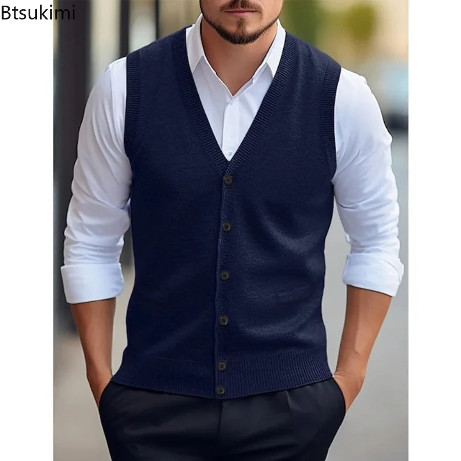 Gilet da uomo lavorato a maglia, con scollo a V, abbottonatura, grigio scuro e senza maniche