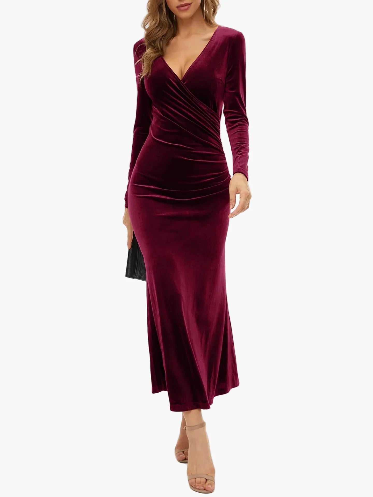 Damen Elegantes Langarm Maxikleid Wickeloptik Festlich Abendmode