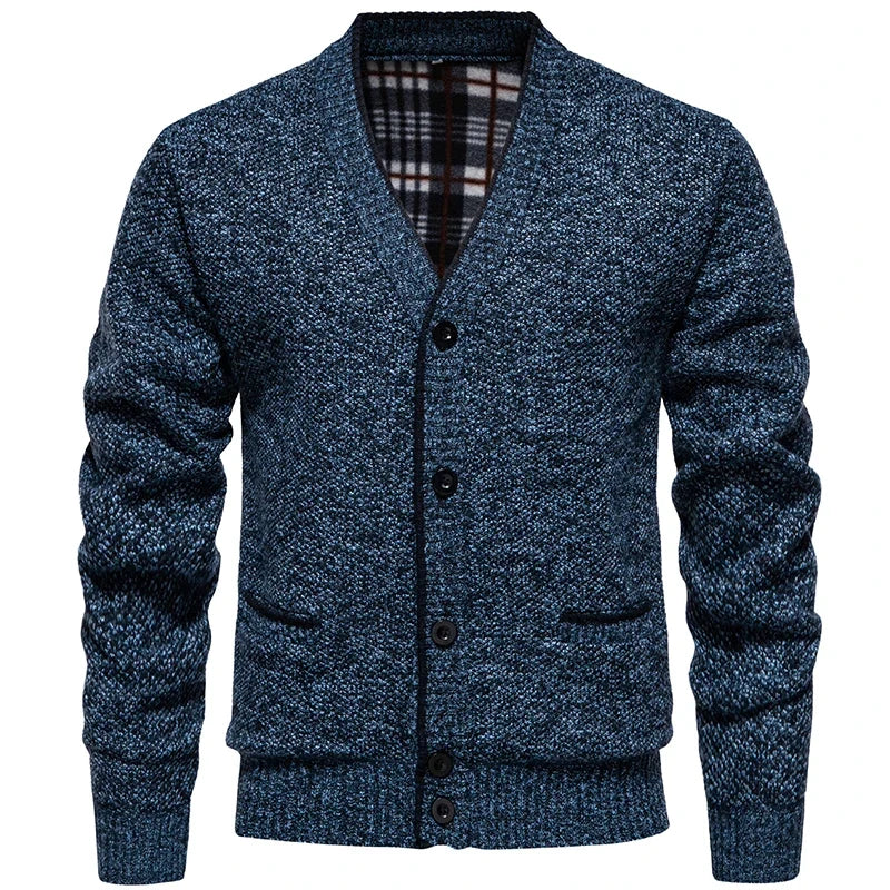 Cardigan da uomo in maglia mélange con scollo a V, abbottonatura e tasche