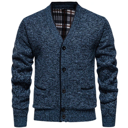 Cardigan da uomo in maglia mélange con scollo a V, abbottonatura e tasche