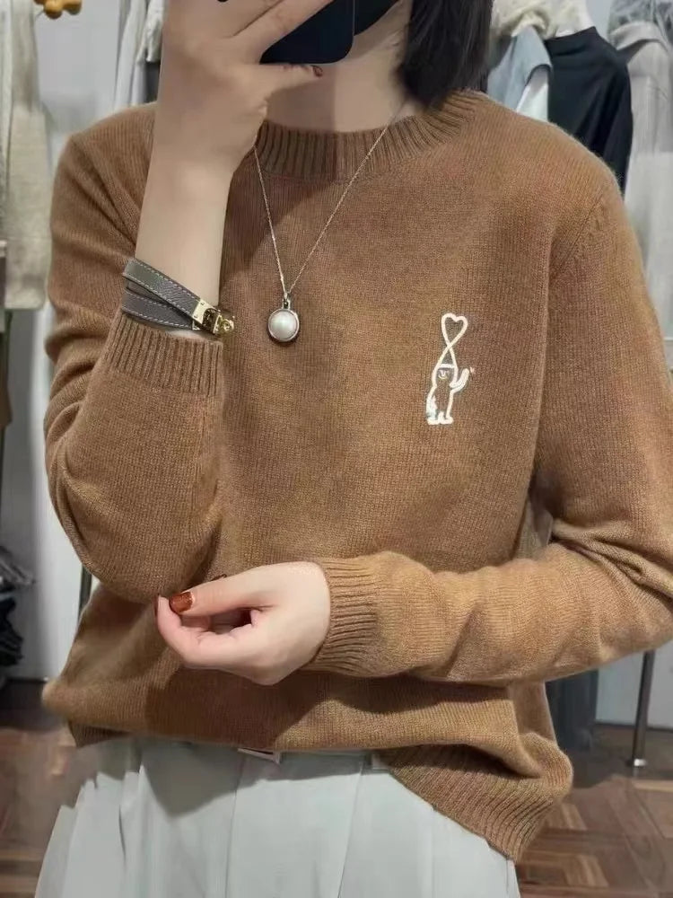 Maglione da donna a girocollo con ricamo, maniche lunghe e polsini a coste, materiale morbido e soffice