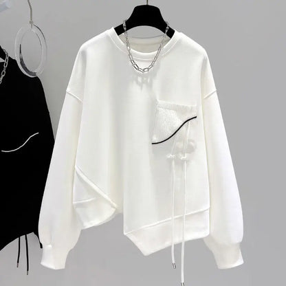 Unisex Pullover mit Rundhalsausschnitt, Asymmetrischer Saum & Brusttasche, Langarm Sweatshirt für Damen und Herren