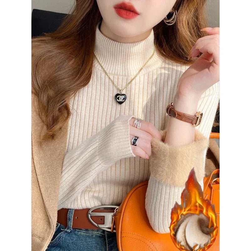Damen Rollkragenpullover Gerippt mit Plüschärmeln Beige