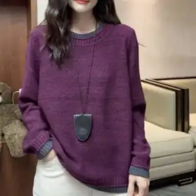 Pullover lavorato a maglia da donna con scollo rotondo, a maniche lunghe, maglia