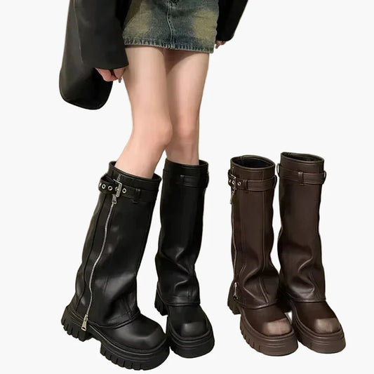 Bottes compensées femme avec fermeture éclair et boucle – Bottes chunky tendance pour l'automne et l'hiver