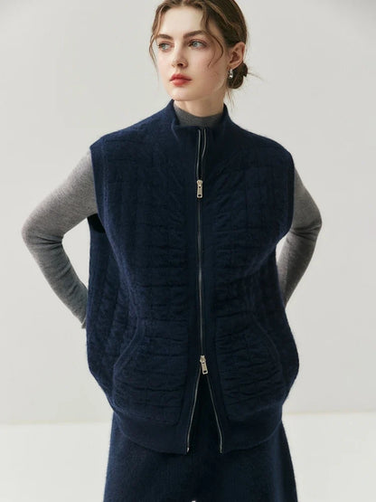 Gilet matelassé en maille pour femme avec fermeture éclair, col montant, crème