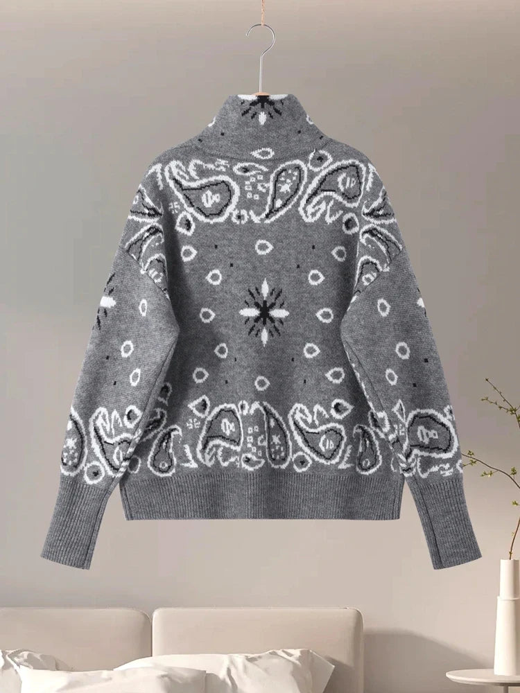 Gilet en maille pour femme avec fermeture éclair et motif bandana, col montant
