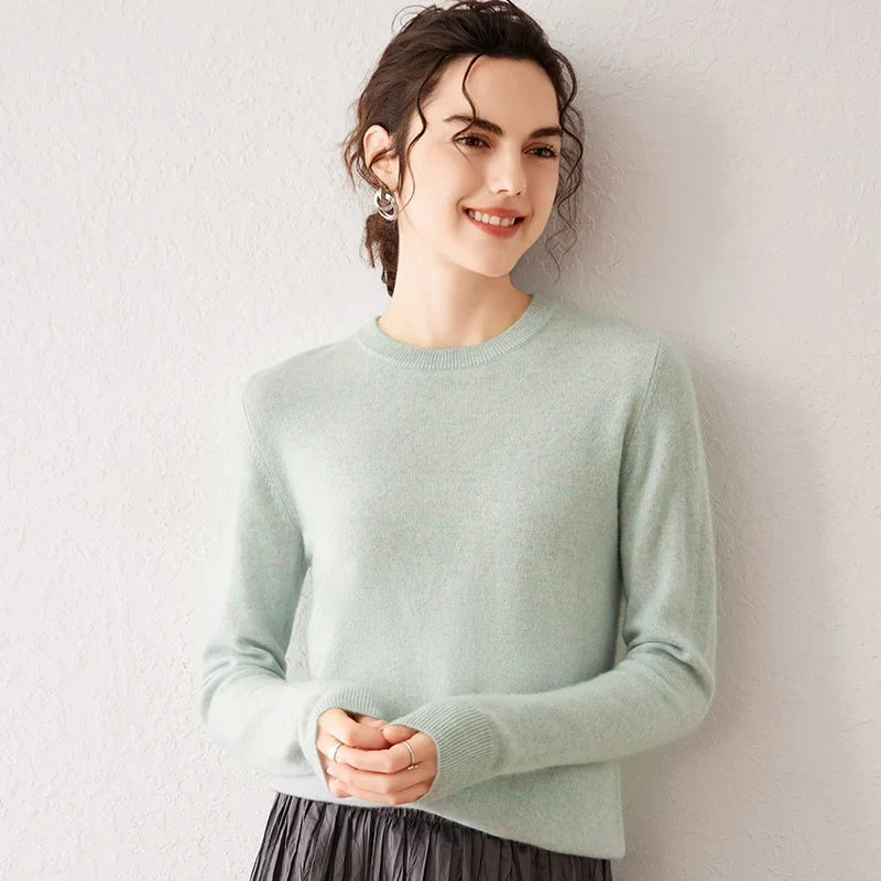 Pull femme à col rond et manches longues, maille fine, basique