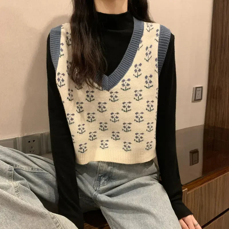 Chaleco de punto para mujer con escote en V y estampado floral & chaleco tipo jersey de manga corta