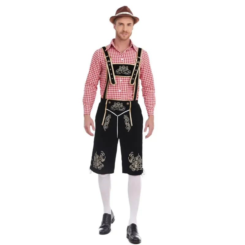 Herren Trachten Lederhose mit Hemd und Hosenträgern Geringeltes Karo-Muster