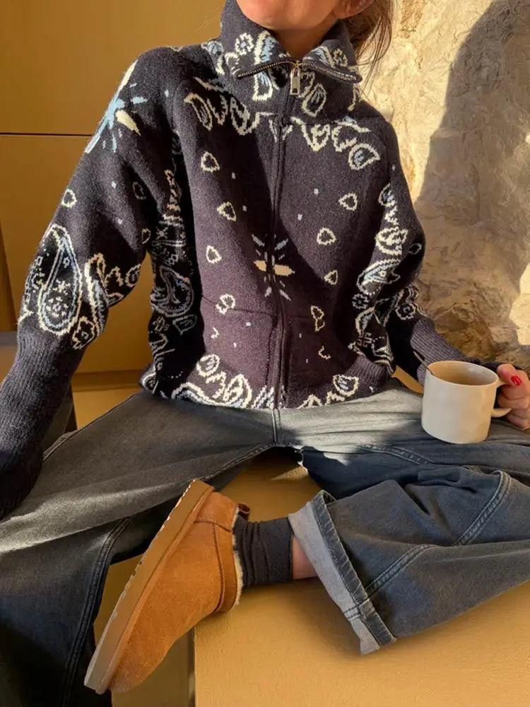 Gilet en maille pour femme avec fermeture éclair et motif bandana, col montant