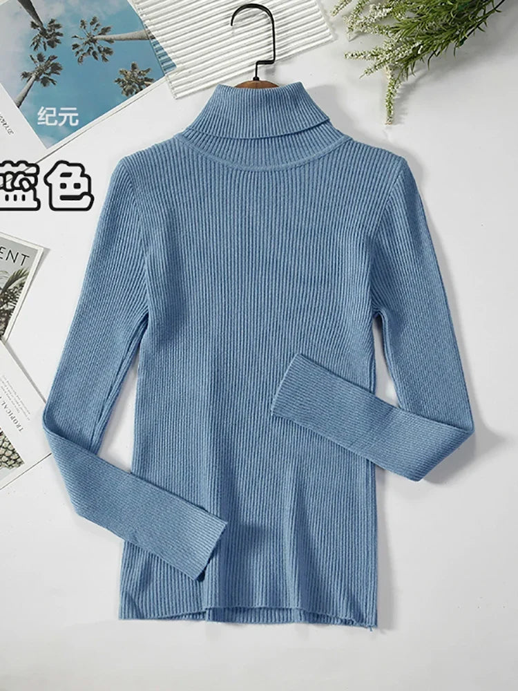 Damen Rollkragenpullover Rippstrick Langarm Eng Anliegend
