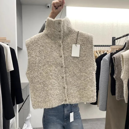 Damen Bouclé Strickweste hochgeschlossen ärmellos Knopfleiste