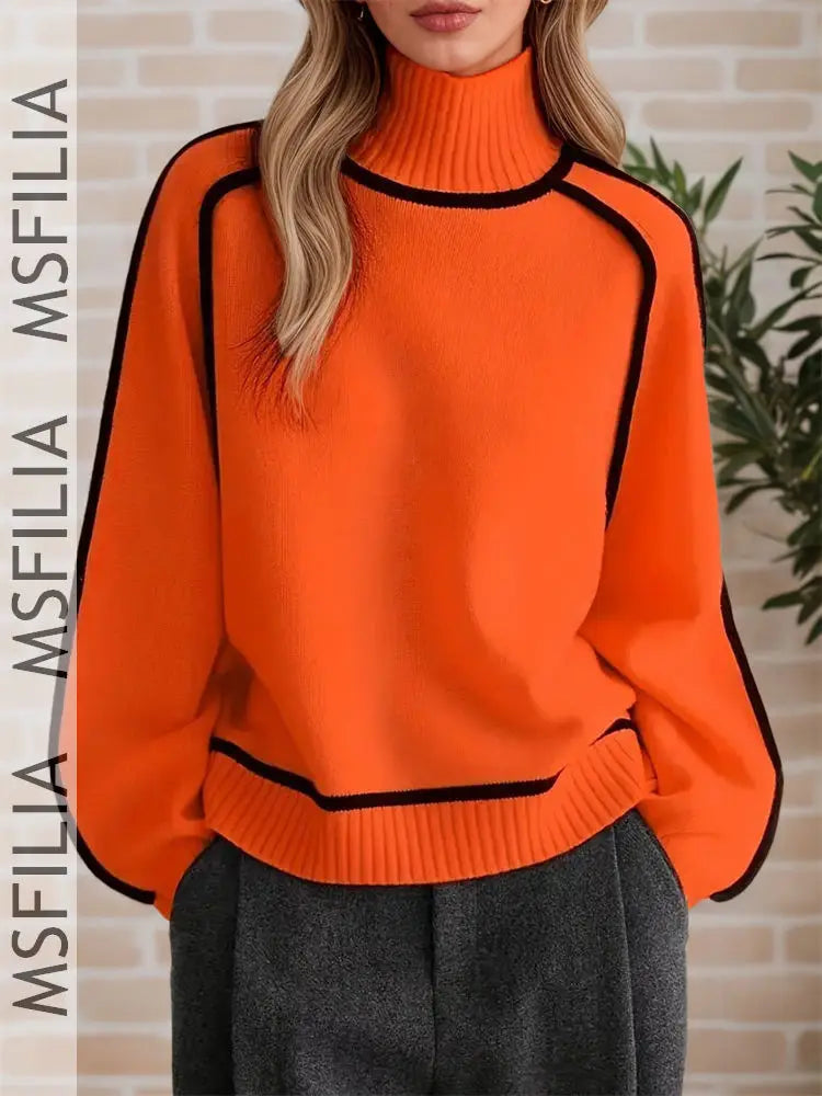Damen Rollkragenpullover Strickpullover mit Kontraststreifen Langarm