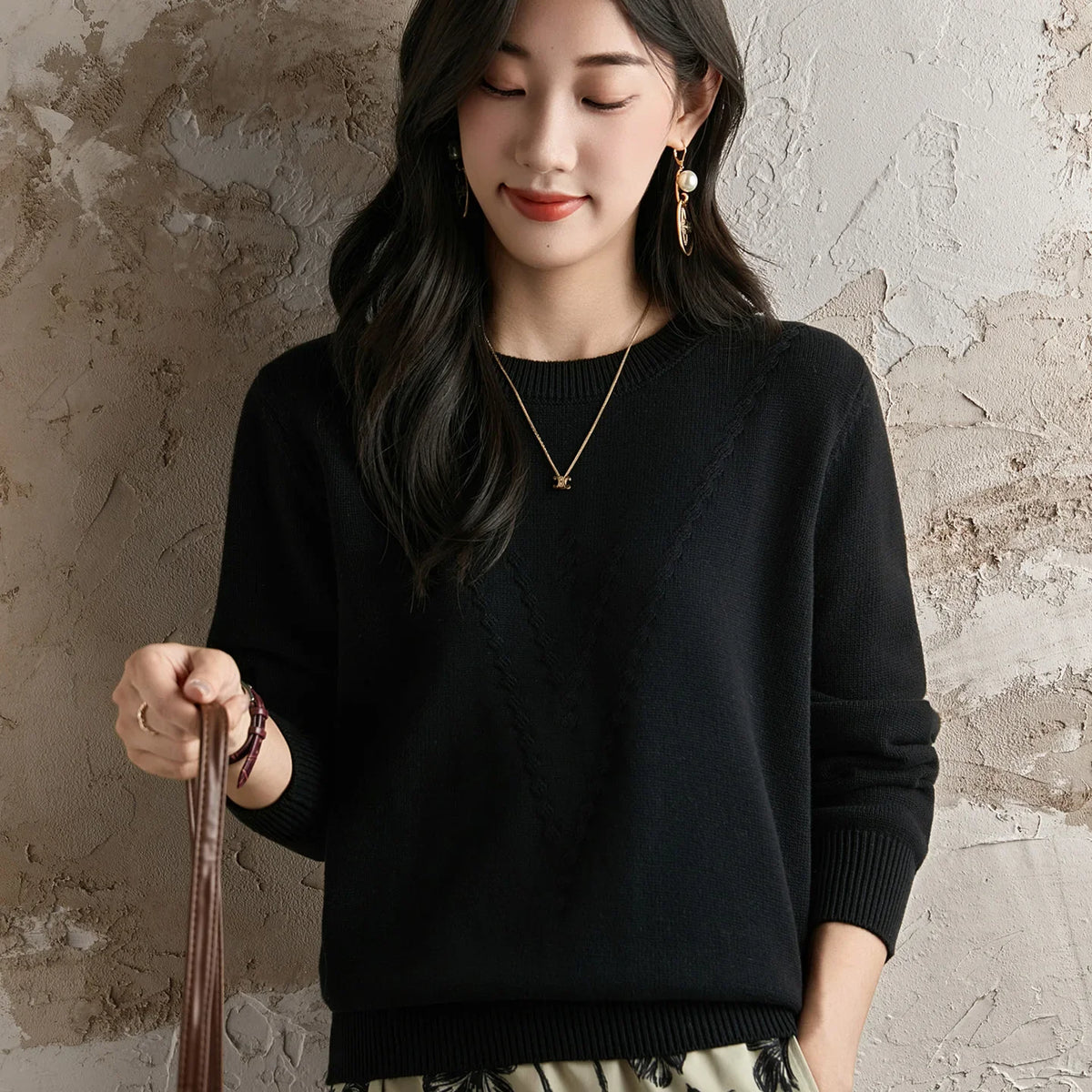 Damen Strickpullover Rundhals mit V-Muster Langarm
