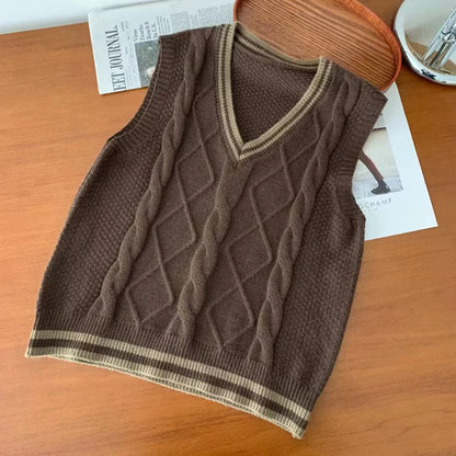 Strickpullunder Damen V-Ausschnitt Zopfmuster College-Stil