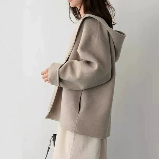 Damen Hoodiejacke mit Reißverschluss und Kapuze Beige Kurz