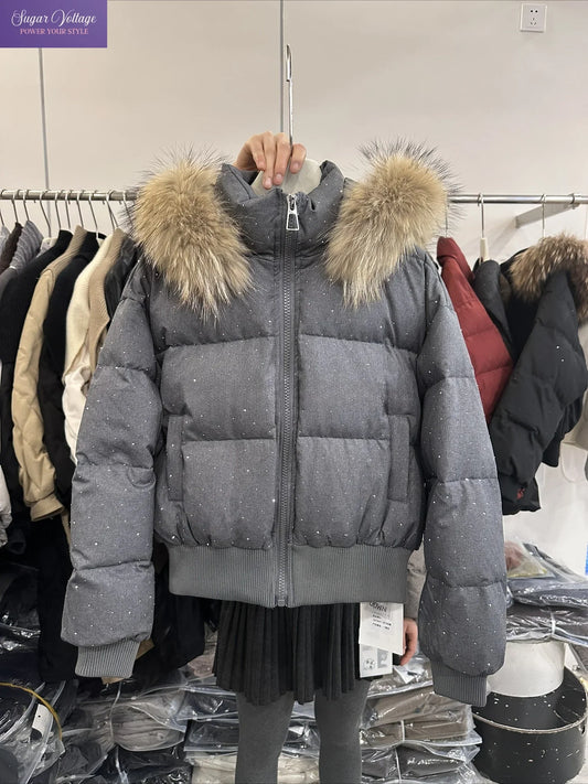 Damen Steppjacke mit Fellkapuze und Glitzer-Details