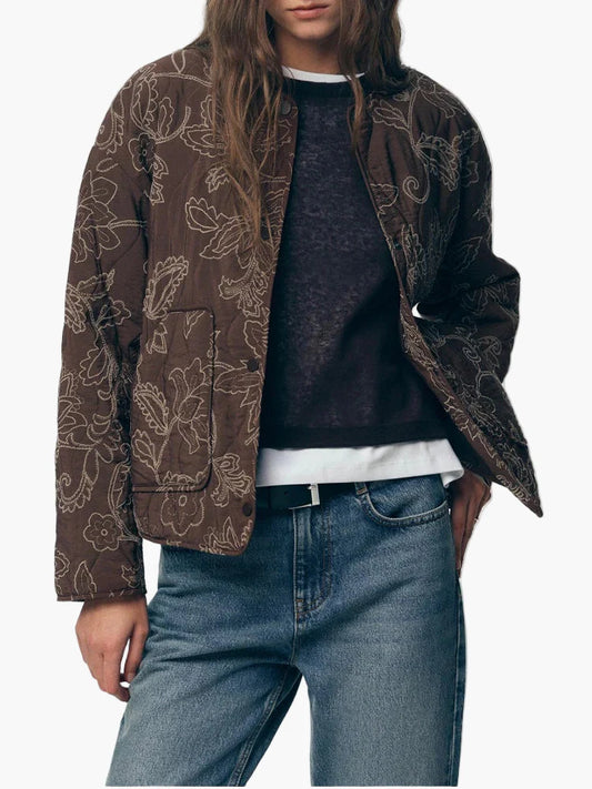 Dames gewatteerd jack met bloemrijke borduursels – Casual dagelijkse stijl, overgangsjack