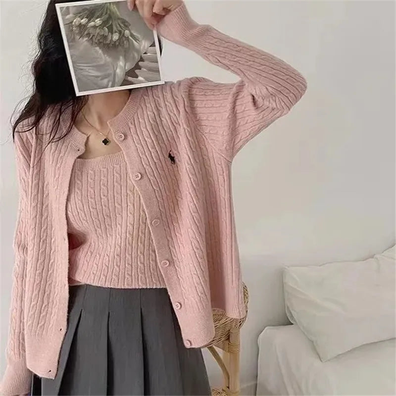 Damen Strick Cardigan & Top Set Zopfmuster Rundhals