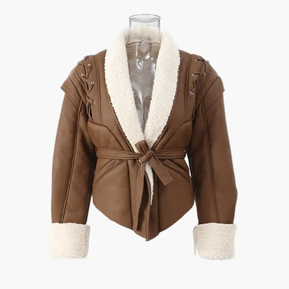 Dames Elegante Korte Jas met Riem en Teddykraag voor Herfst en Winter