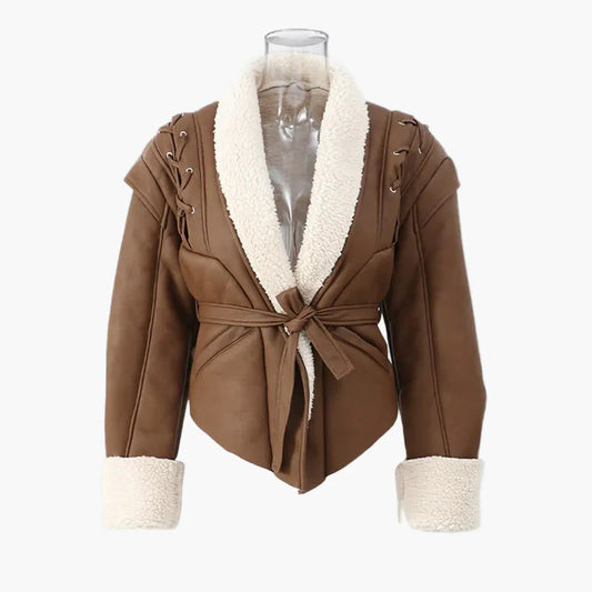 Dames Elegante Korte Jas met Riem en Teddykraag voor Herfst en Winter