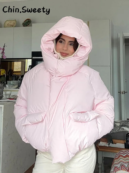 Krótka damska kurtka puffer z kapturem, zimowa, oversize, różowa