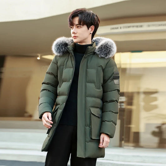 Herren Winter Parka mit Kapuze und Kunstpelzbesatz Gepolsterter Mantel