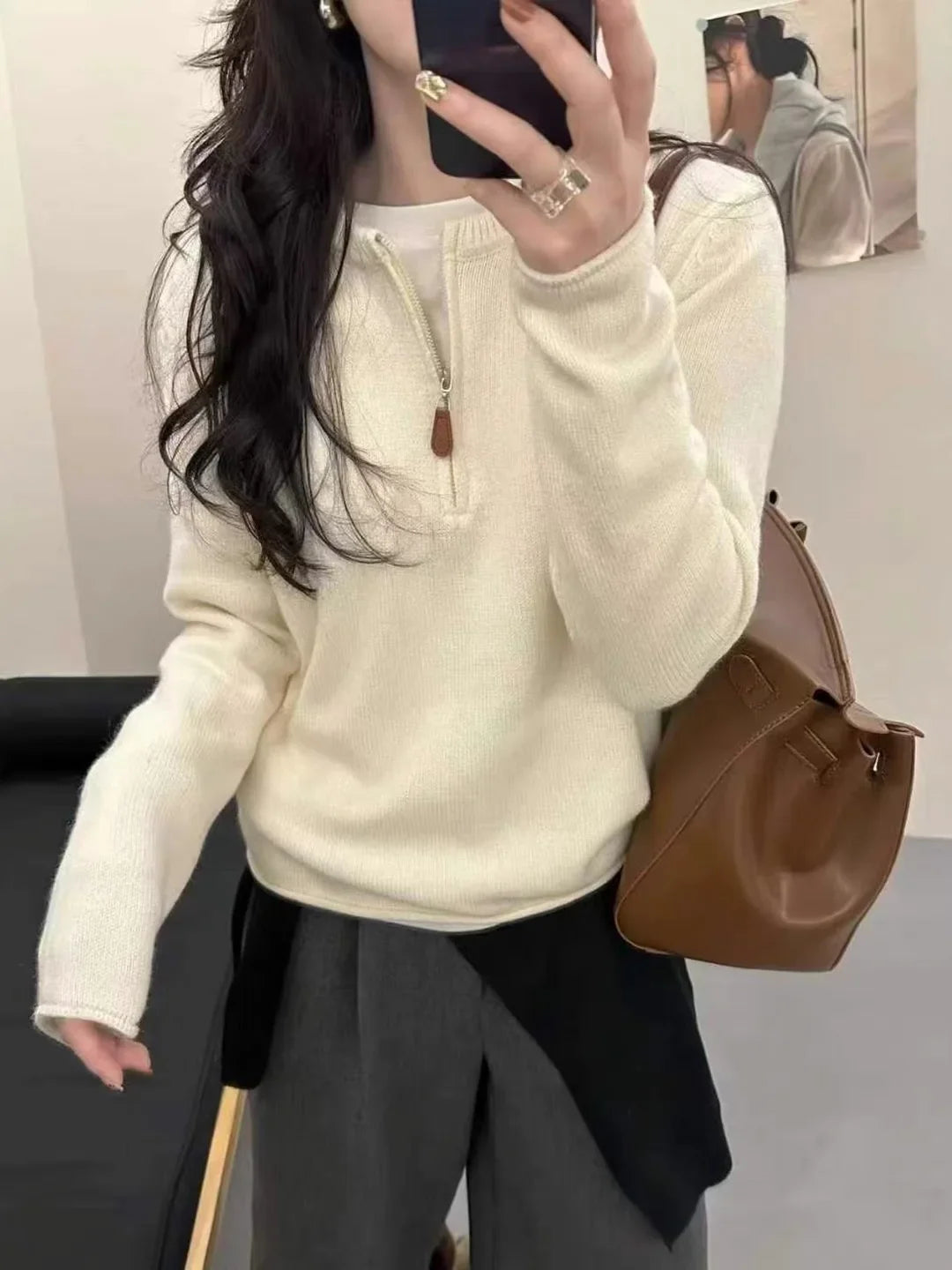 Damen Strickpullover mit Reißverschluss Rundhals
