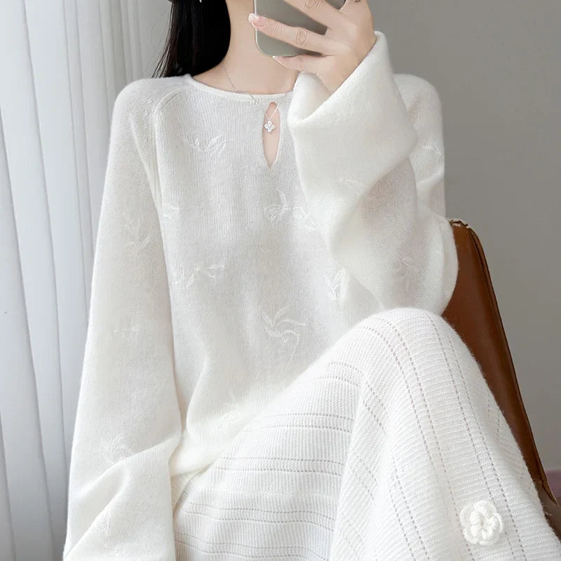 Damen Strickpullover Langarm Rundhals mit V-Ausschnitt