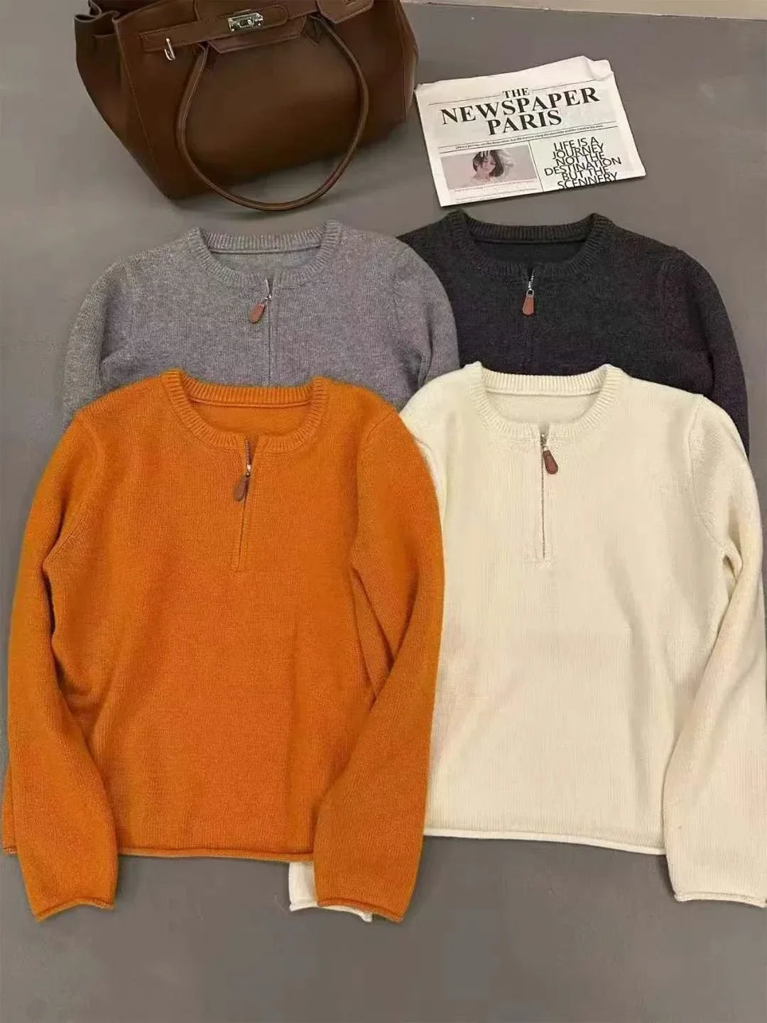 Damen Strickpullover mit Reißverschluss Rundhals