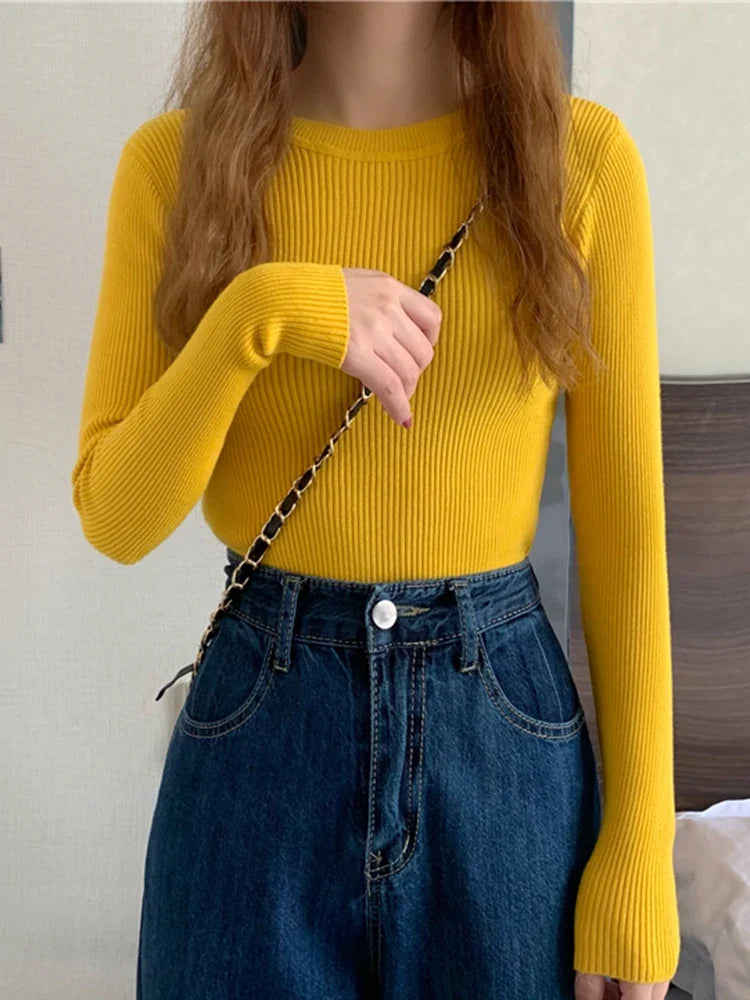 Pullover a maniche lunghe da donna, a coste, girocollo, top in vari colori