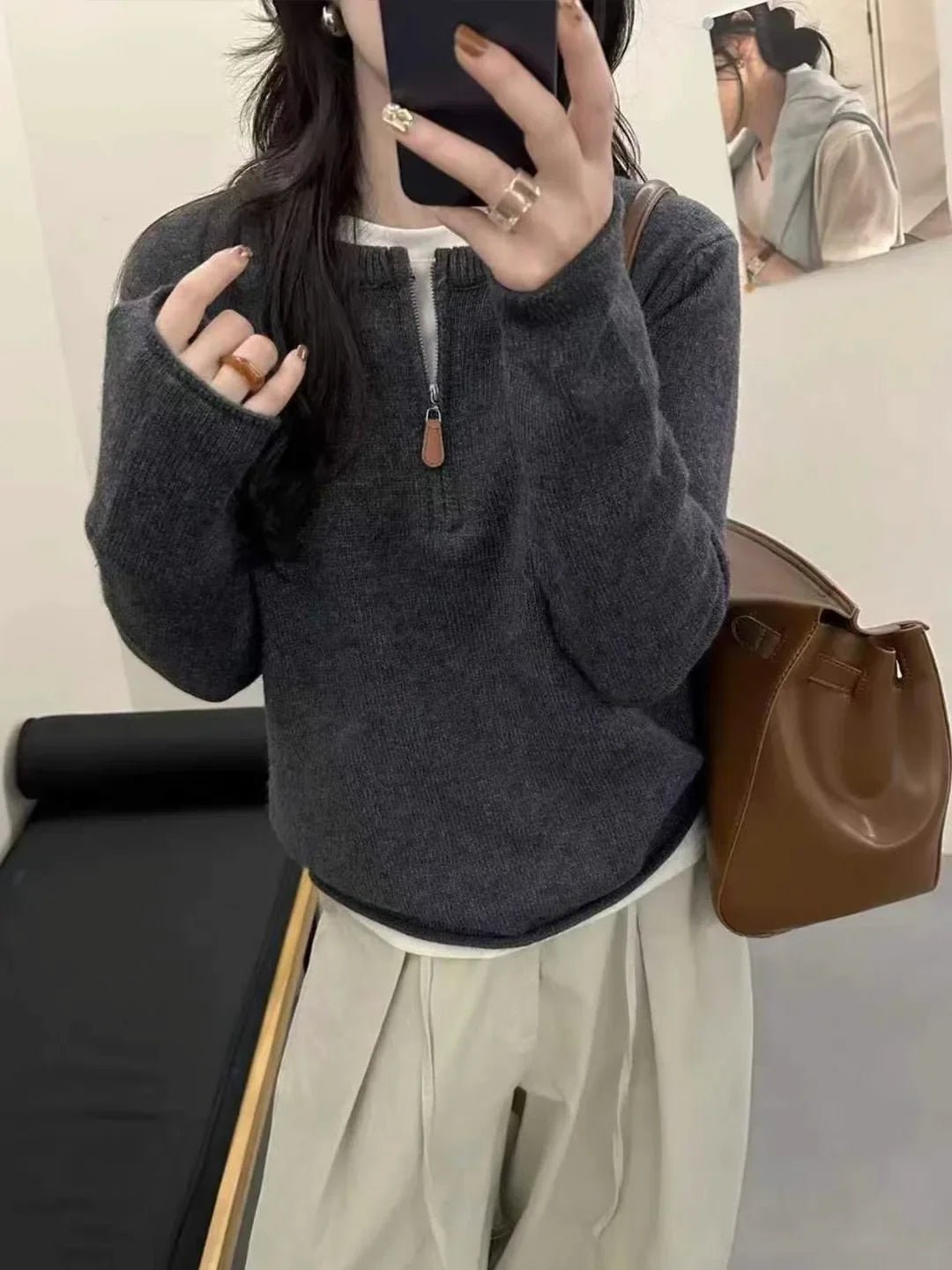 Damen Strickpullover mit Reißverschluss Rundhals