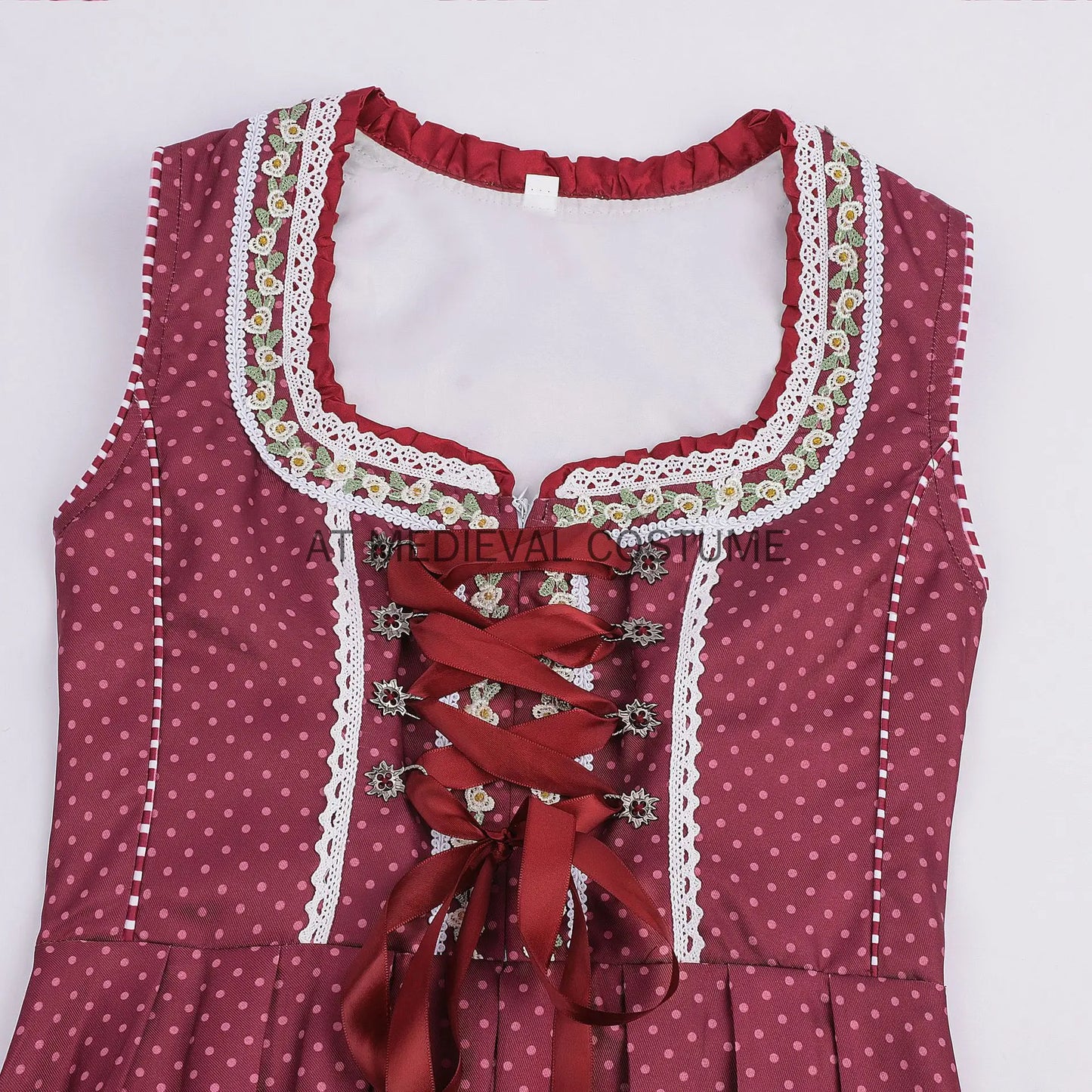 Dirndl Trachtenkleid für Damen, Weinrot mit weißer Bluse und Schürze, kariert/gepunktet