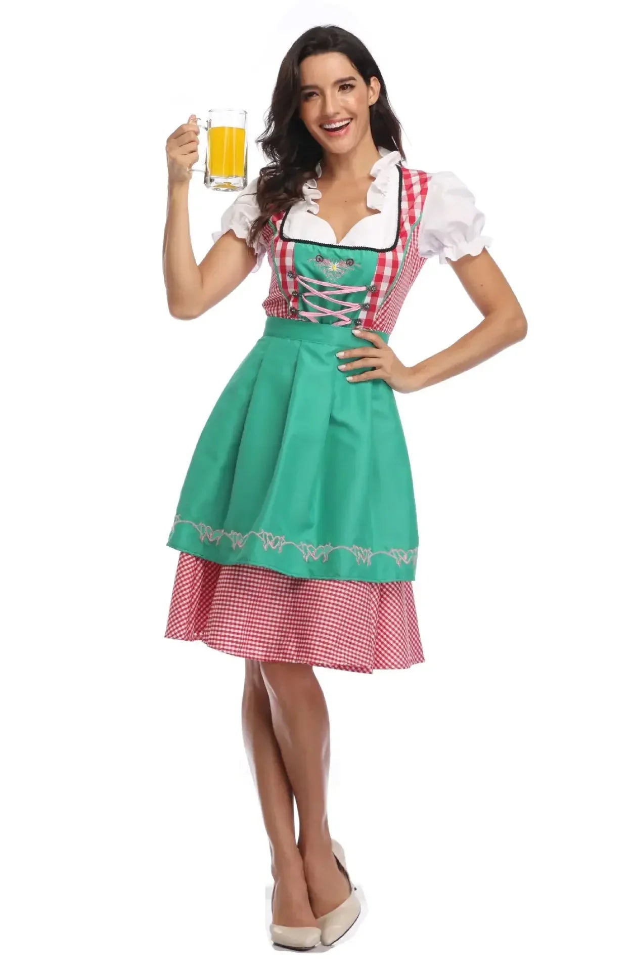 Damen Dirndl Trachtenkleid mit Schürze und Bluse Kariert Spitzenverzierung