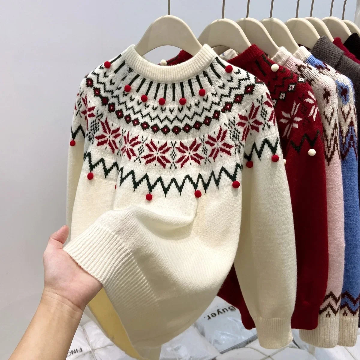 Pull pour femme en maille à motif Fair Isle, col rond, rouge et crème