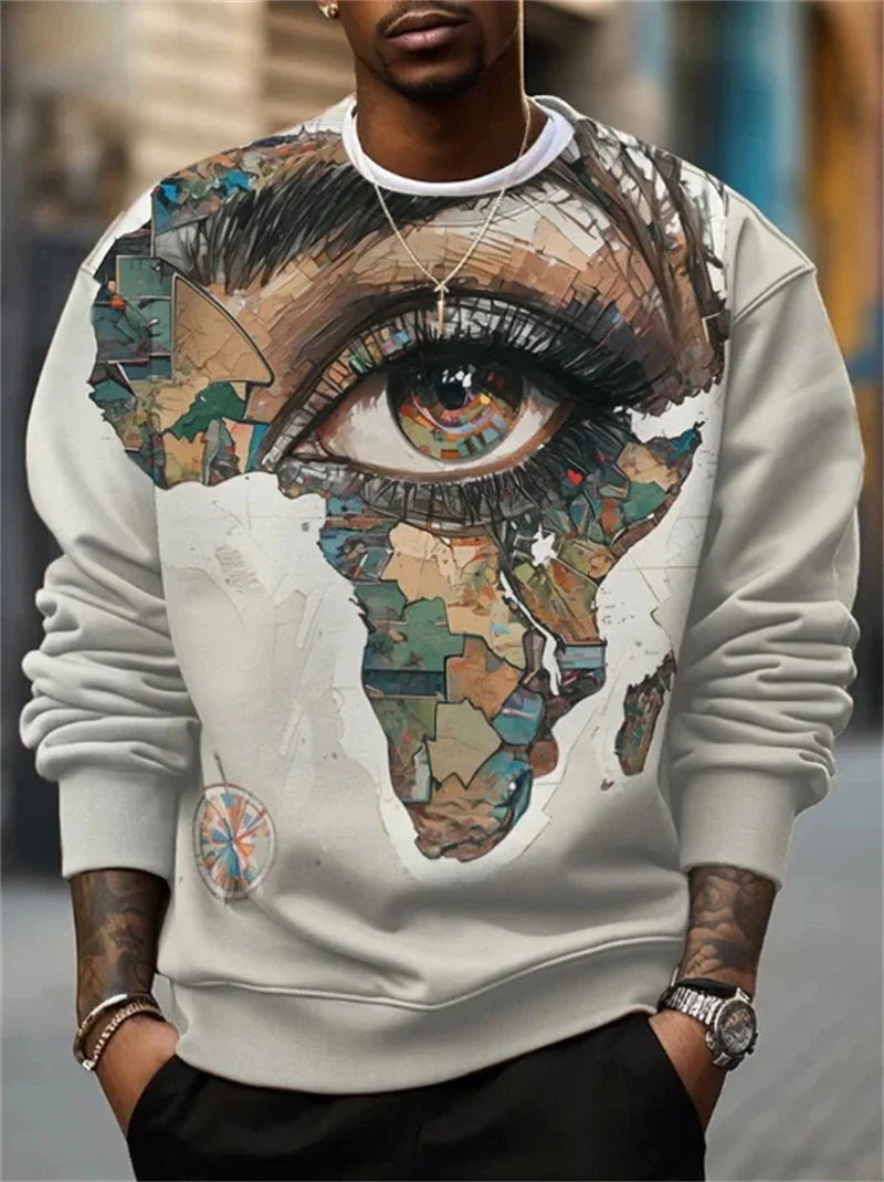 Unisex Sweatshirt mit Afrikakarten- und Augen-Print, Rundhals, Langarm