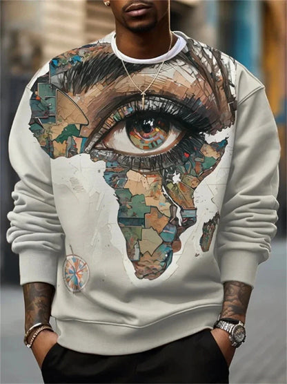 Unisex Sweatshirt mit Afrikakarten- und Augen-Print, Rundhals, Langarm