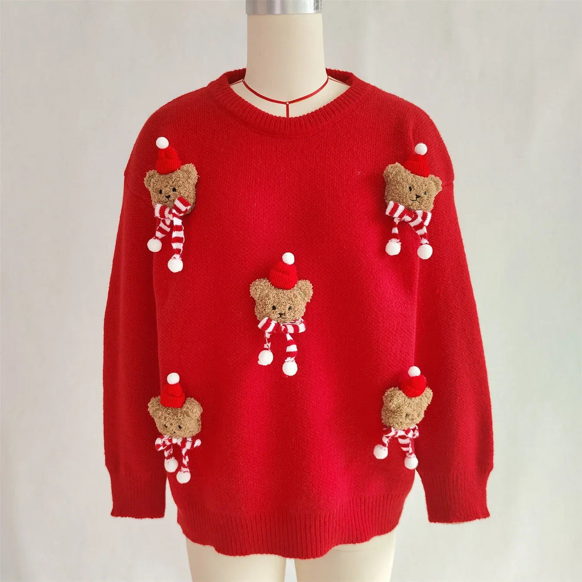 Weihnachtspullover mit Teddybär-Applikationen Rot Rundhalsausschnitt Damen