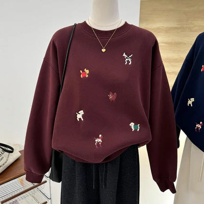 Sweat-shirt unisexe à col rond avec broderie de motifs de chiens