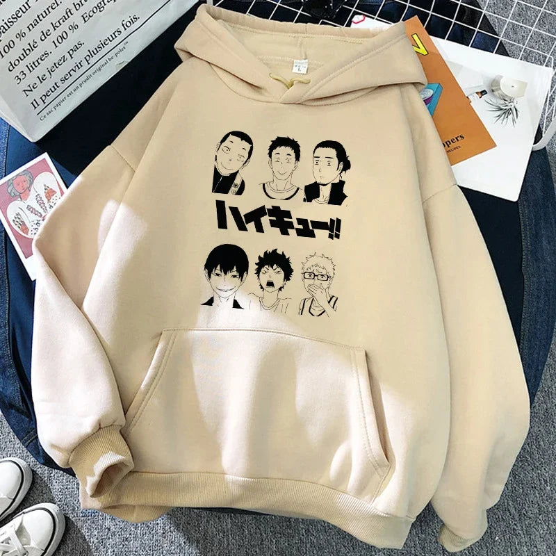 Felpa unisex con cappuccio e stampa anime - beige chiaro "Karasuno Volleyball Club"