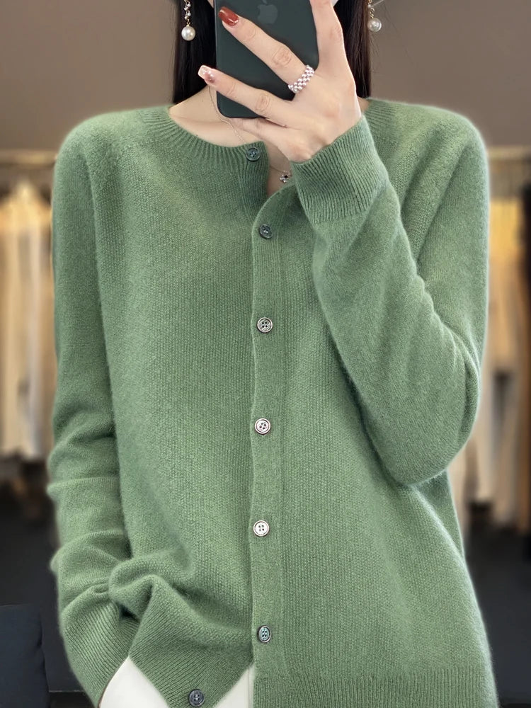 Damen Strickjacke mit Rundhalsausschnitt, Knopfleiste und langen Ärmeln, meliert grau