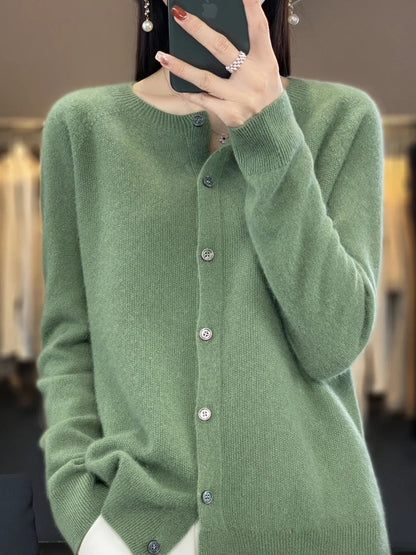 Damen Strickjacke mit Rundhalsausschnitt, Knopfleiste und langen Ärmeln, meliert grau